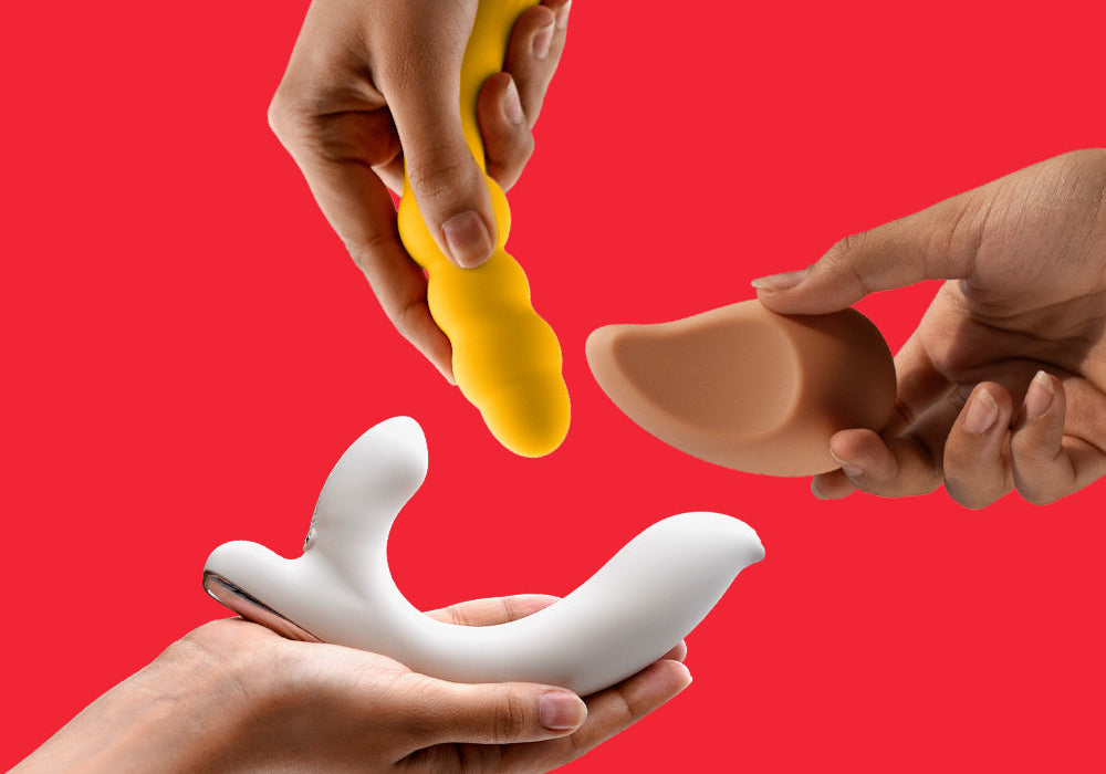 Vibrators for couples by Thirdbase in a plain red background